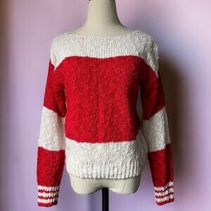 Vintage 80s Cabincore Knit Sweater | Red & White | Preppy | M